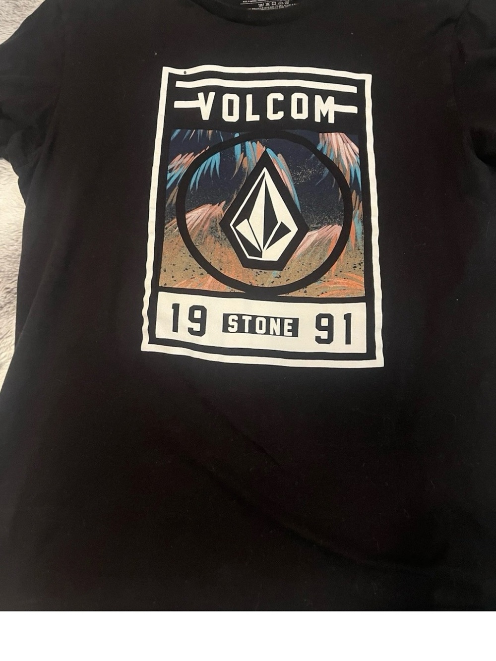 Volcom Black Tee with Tropical Graphic and White Logo